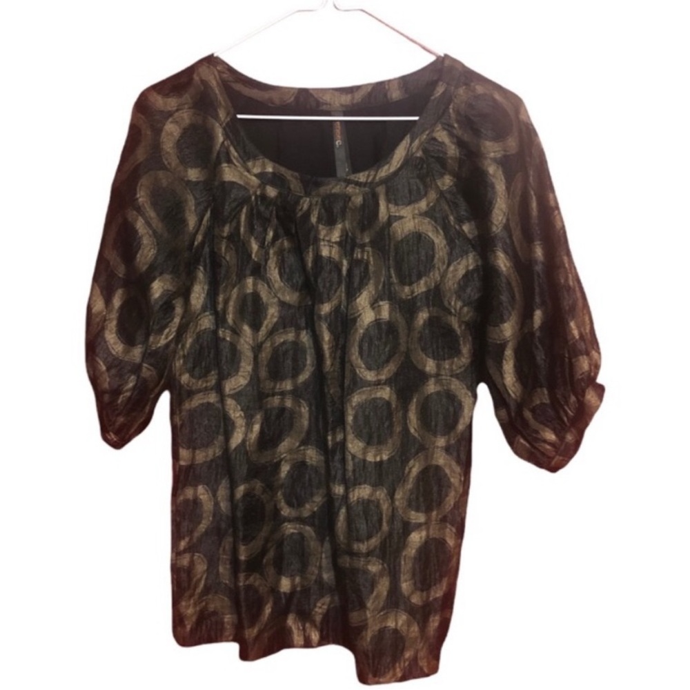 RENEE C Elegant BLACK With GOLD Circles Blouse Size SMALL